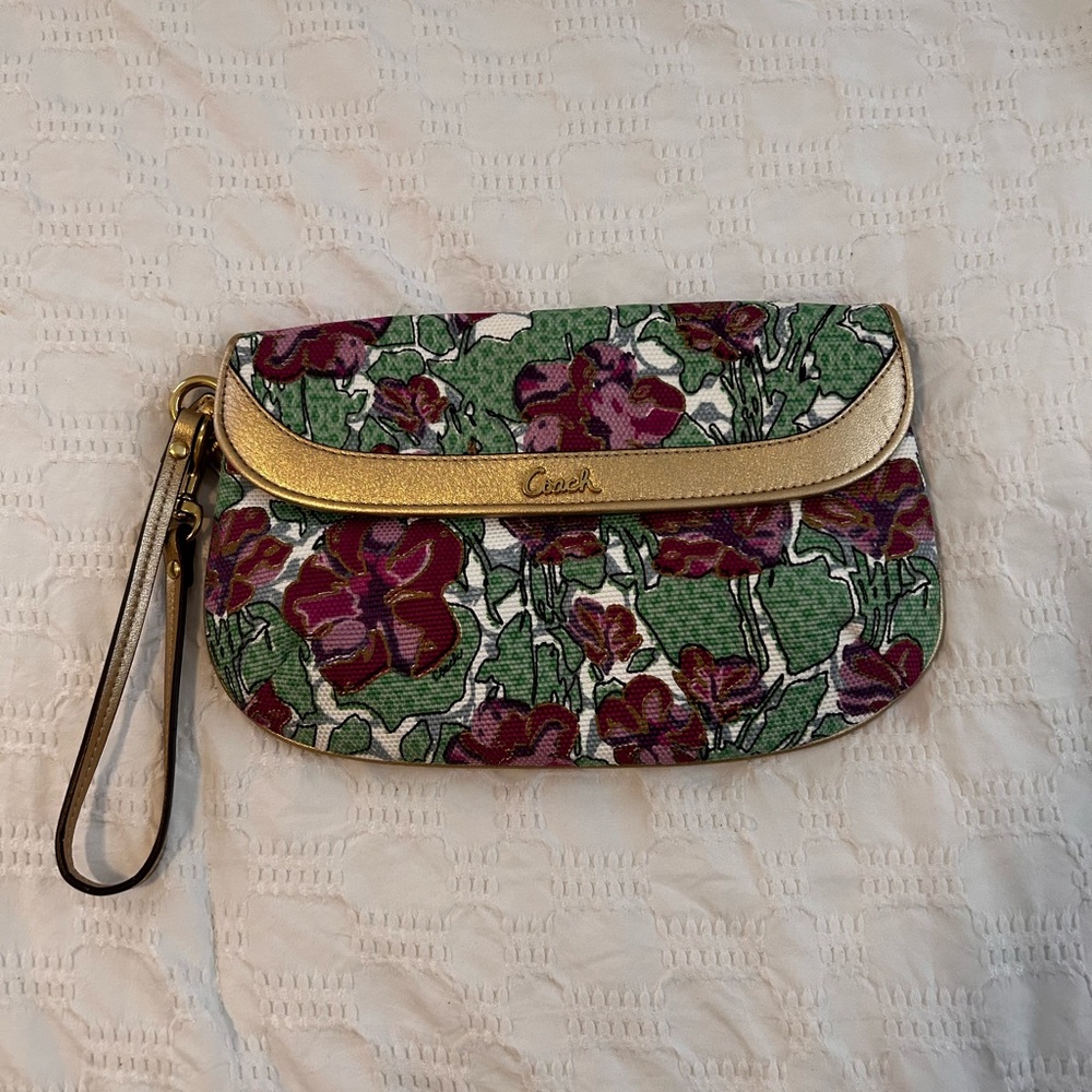 Coach Green and Gold Floral Wristlet Clutch